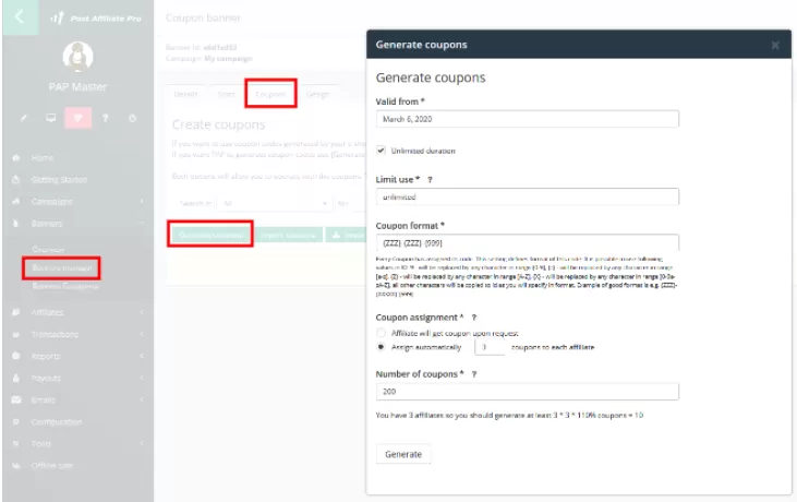 Ilustracja przedstawiająca funkcję generowania kuponów w Post Affiliate Pro.
