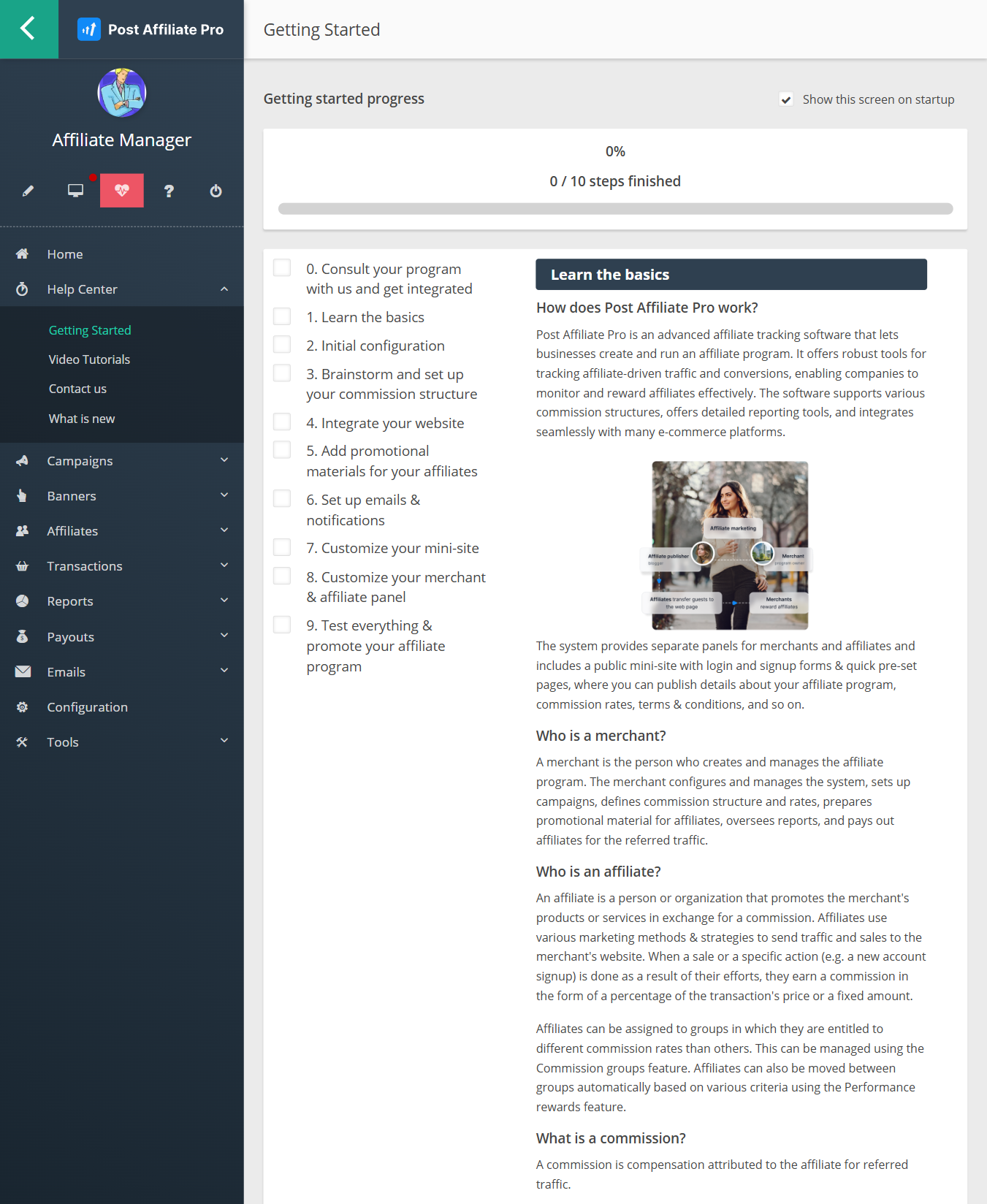 Nowa sekcja Centrum pomocy Post Affiliate Pro w panelu handlowca, pokazująca sekcję Pierwsze kroki, samouczki wideo i Co nowego w Post Affiliate Pro.