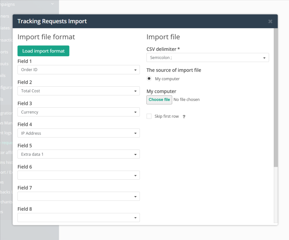 Import żądań śledzenia, gdzie można przeformatować pliki przed przesłaniem.