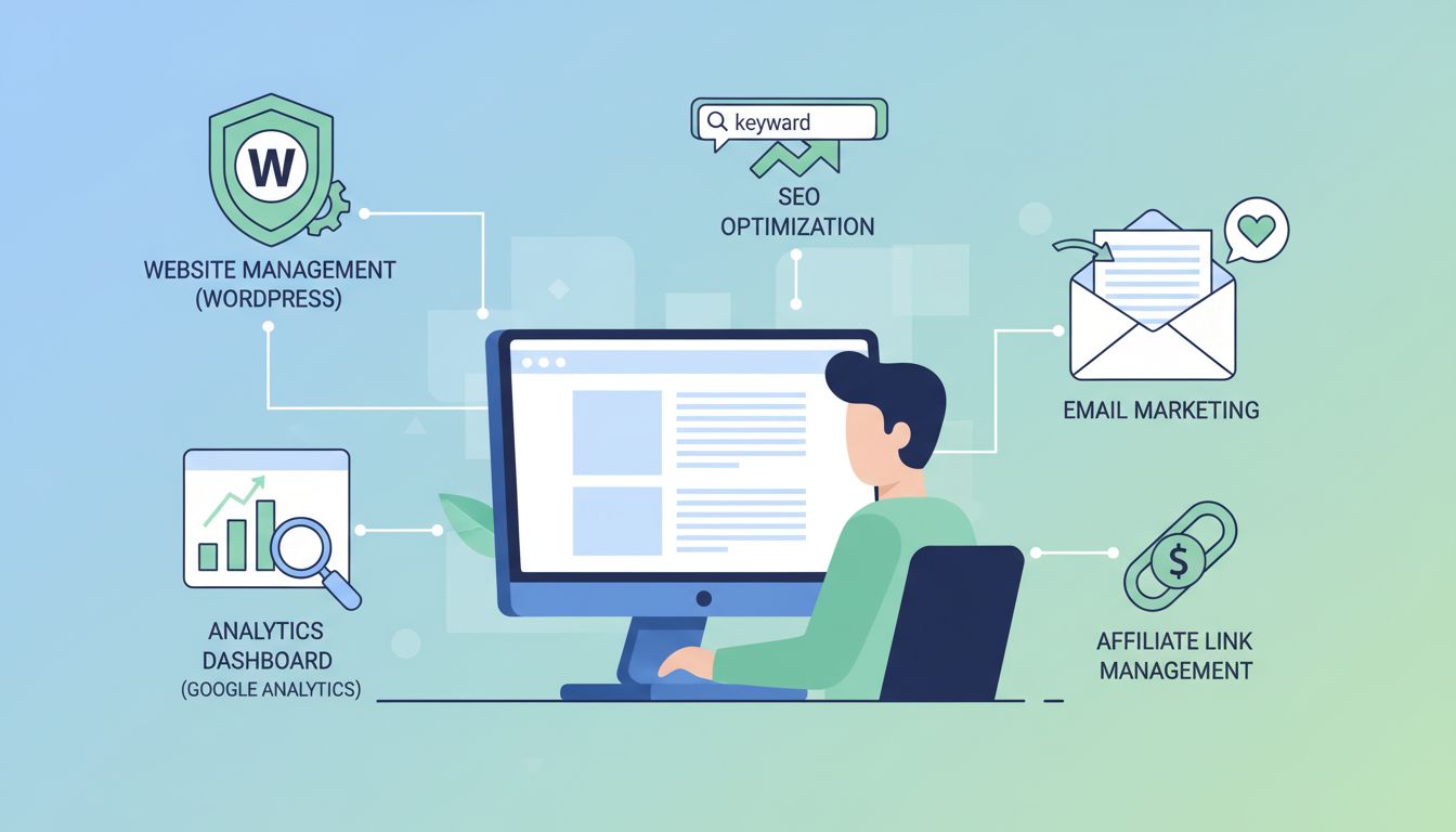 Infografika: umiejętności techniczne w marketingu afiliacyjnym – zarządzanie stroną, analityka, SEO, email marketing, zarządzanie linkami