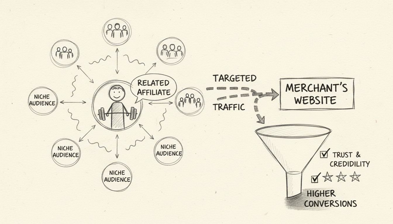 Ręcznie rysowany diagram przedstawiający powiązanych partnerów kierujących ruch z określonych nisz do stron sklepów, z wyższymi współczynnikami konwersji i wskaźnikami zaufania
