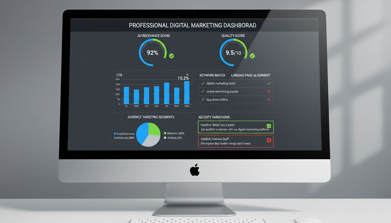 Panel wskaźników trafności reklam pokazujący wyniki jakości, CTR i skuteczność słów kluczowych