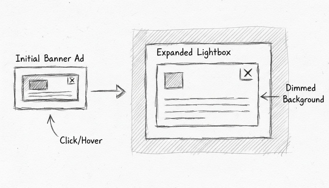 Ręcznie rysowany schemat pokazujący, jak baner lightbox rozrasta się od małej reklamy początkowej do pełnoekranowej nakładki z przyciemnionym tłem