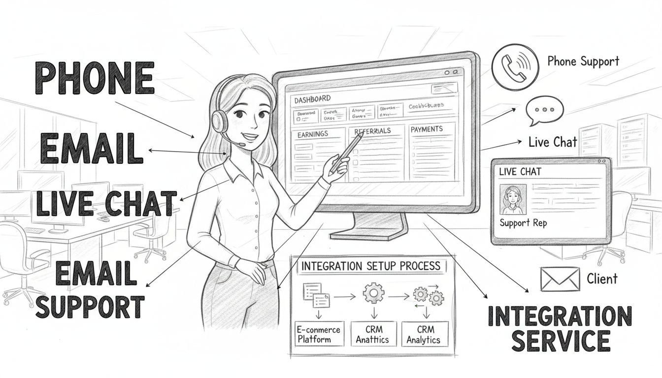 Zespół obsługi klienta udzielający wsparcia przy konfiguracji — ilustrowane kanały: telefon, email, czat na żywo, usługa integracji