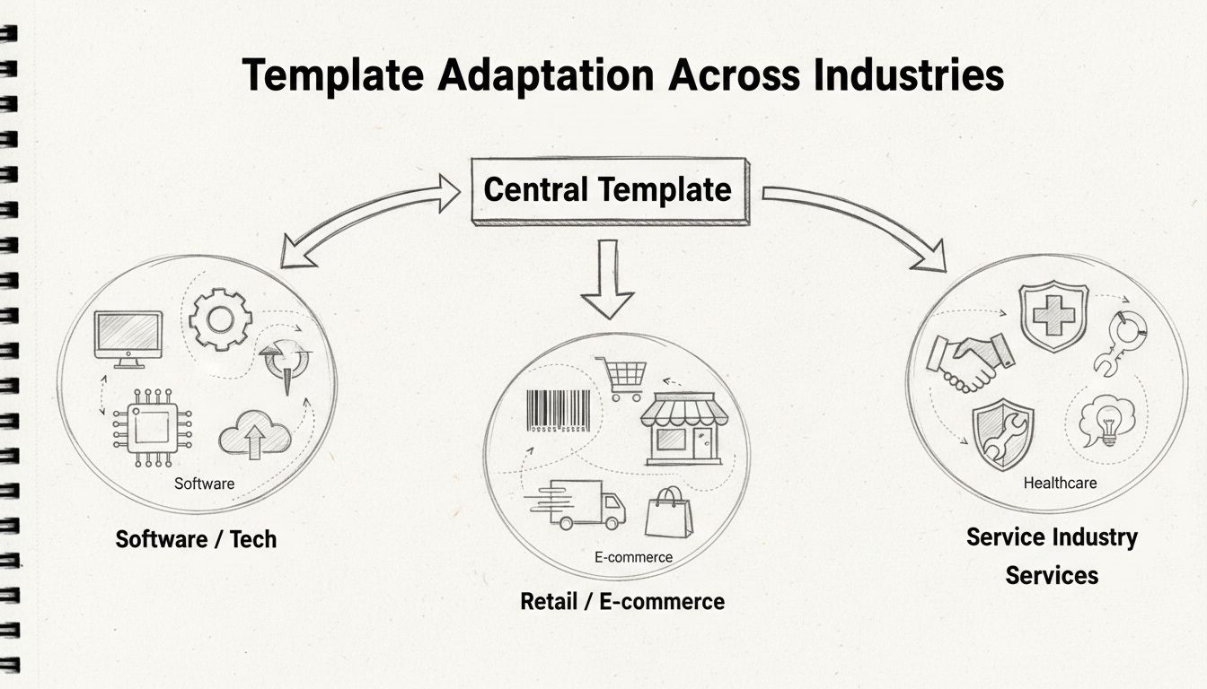 Rysunkowy diagram pokazujący adaptację szablonów w różnych branżach: oprogramowanie, handel detaliczny, usługi, e-commerce i służba zdrowia