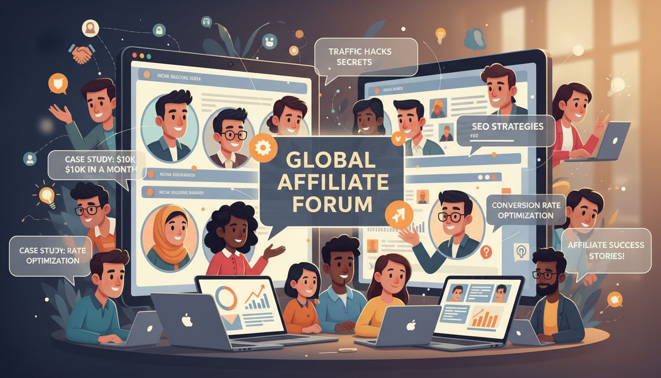 Różnorodni marketerzy afiliacyjni współpracujący w społeczności forum online, omawiający strategie i dzielący się studiami przypadków