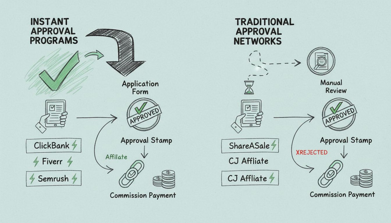 Diagram porównujący proces akceptacji w marketingu afiliacyjnym: natychmiastowa akceptacja vs tradycyjna