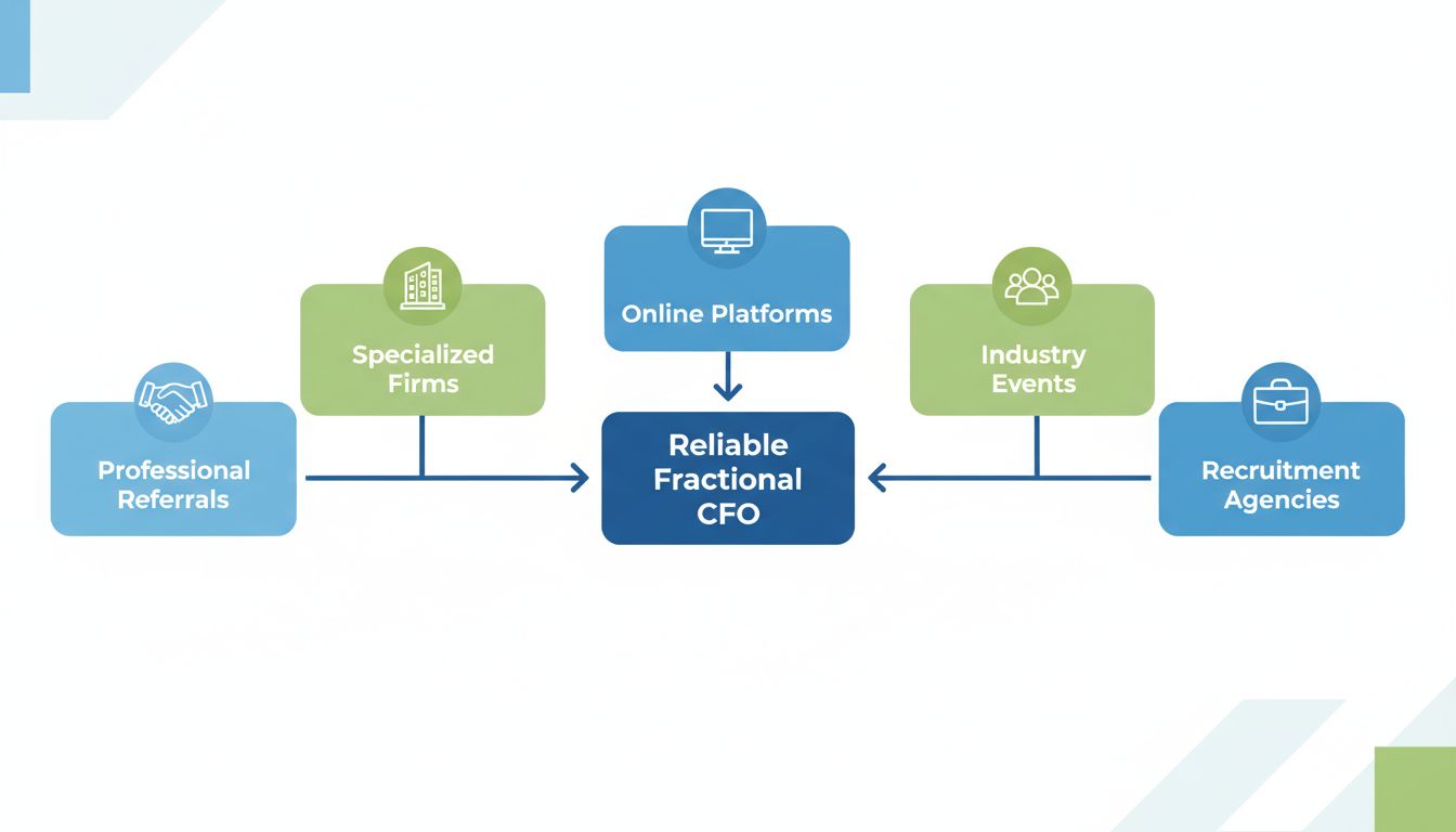 Pięć głównych kanałów do znalezienia wiarygodnego Fractional CFO: Polecenia zawodowe, wyspecjalizowane firmy, platformy online, wydarzenia branżowe i agencje rekrutacyjne