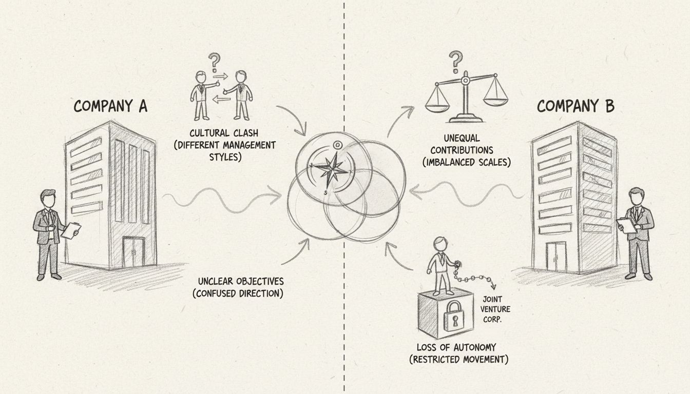 Hand-drawn diagram showing disadvantages of joint ventures including cultural clash, unclear objectives, unequal contributions, and loss of autonomy