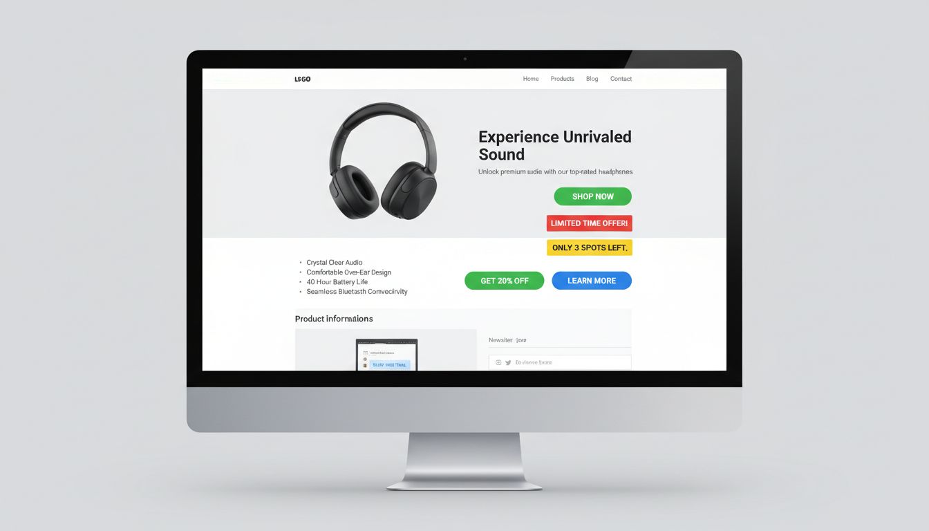 Profesjonalna strona landingowa marketingu afiliacyjnego z różnymi przykładami przycisków CTA z komunikatami o pilności i właściwym rozmieszczeniu