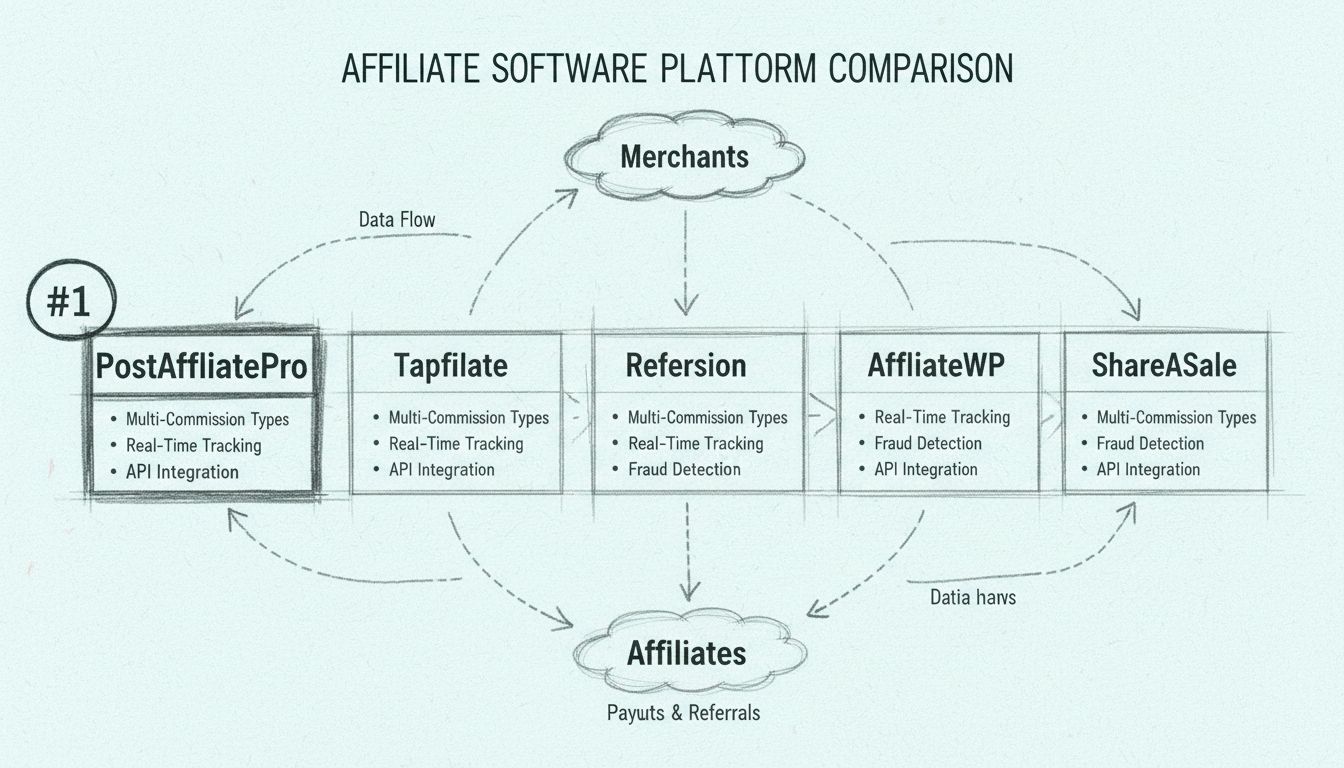 Diagram porównujący najlepsze platformy oprogramowania partnerskiego, w tym PostAffiliatePro, Tapfiliate, Refersion, AffiliateWP i ShareASale z wyróżnionymi kluczowymi funkcjami