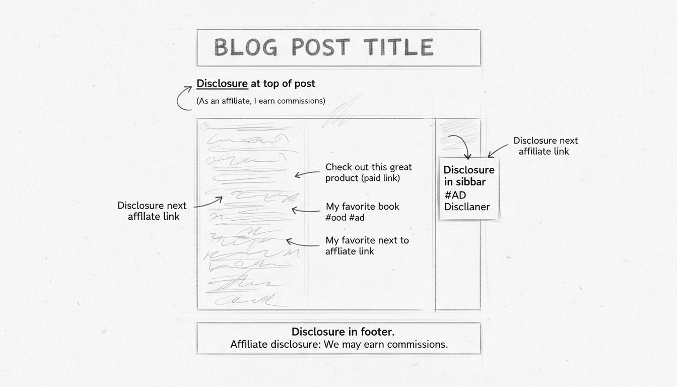 Ręcznie rysowany schemat najlepszych praktyk umieszczania informacji o współpracy afiliacyjnej z opisami: góra wpisu, obok linków, stopka i pasek boczny