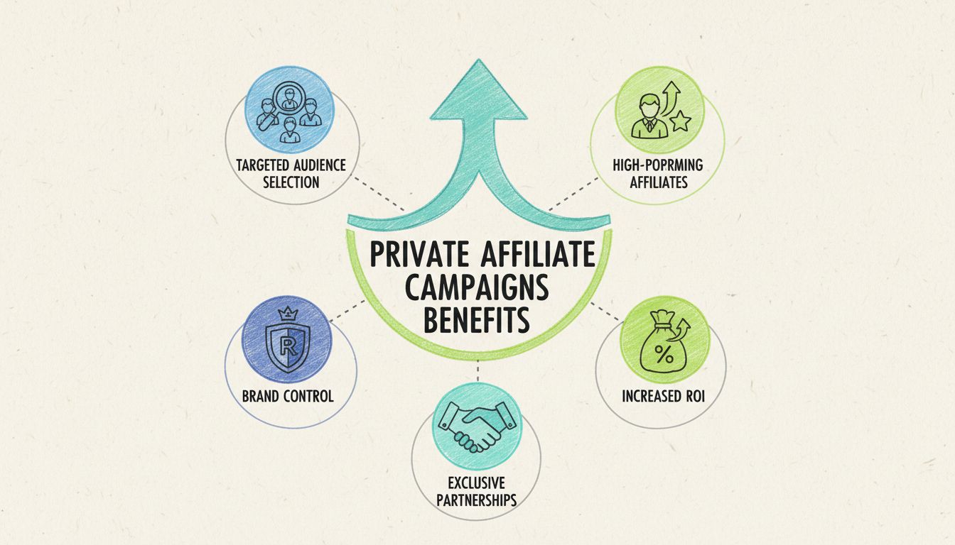 Private affiliate campaigns benefits infographic showing targeted audience selection, high-performing affiliates, brand control, increased ROI, and exclusive partnerships in hand-drawn pencil style