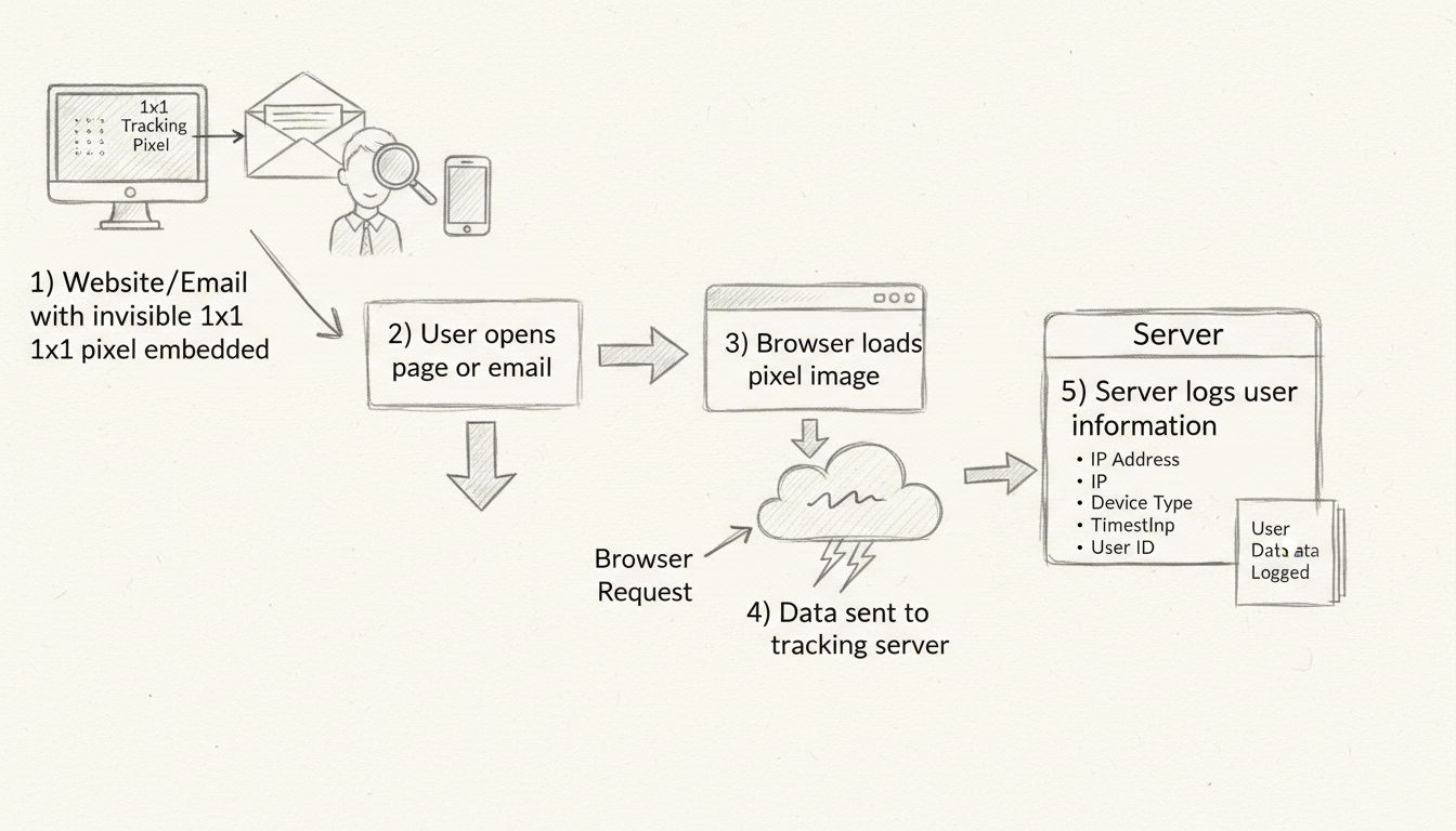 Hand-drawn diagram showing pixel tracking flow from website to server