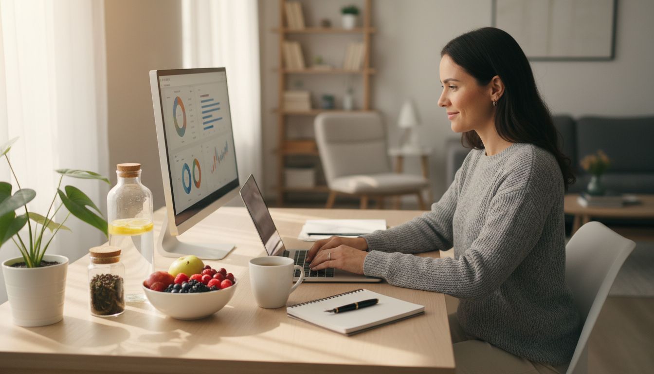 Produktywny marketer afiliacyjny w domowym biurze z elementami zdrowego stylu życia, w tym butelką wody, świeżymi owocami i uporządkowanym miejscem pracy