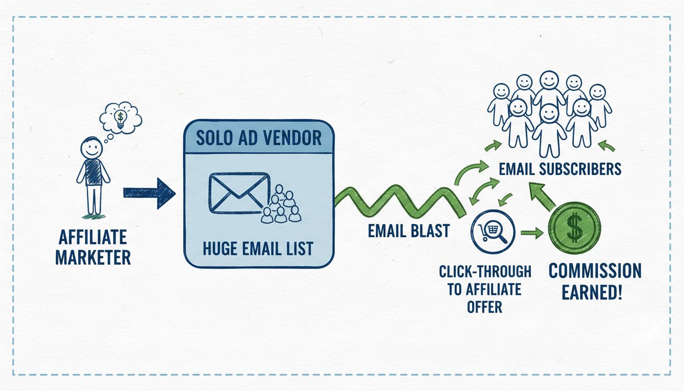 Schemat działania reklam solo pokazujący marketera afiliacyjnego, dostawcę, listę e-mailową i przepływ prowizji