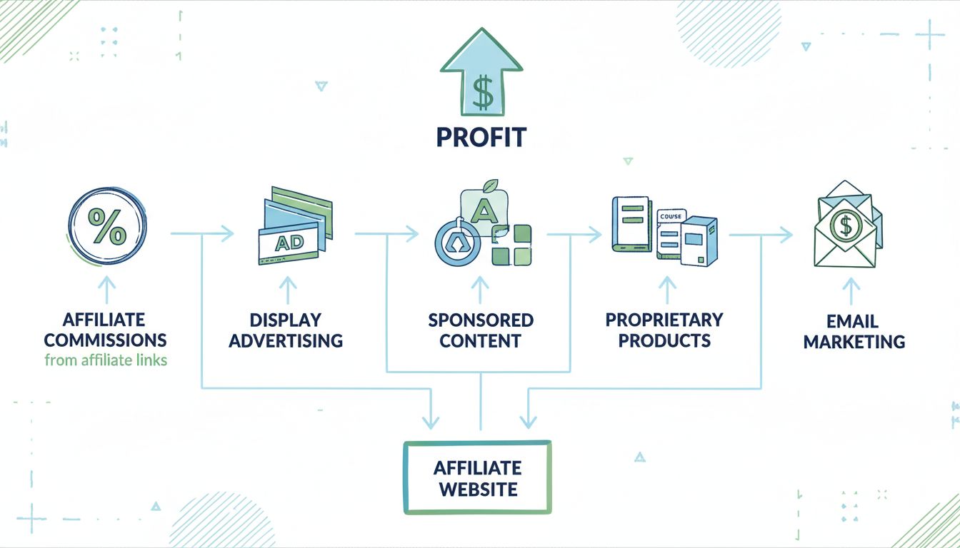 Infografika przedstawiająca źródła przychodów stron afiliacyjnych: prowizje, reklamy, treści sponsorowane, własne produkty oraz e-mail marketing