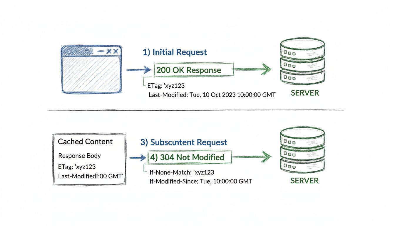 HTTP caching flow diagram showing ETag and Last-Modified header validation process with browser and server communication