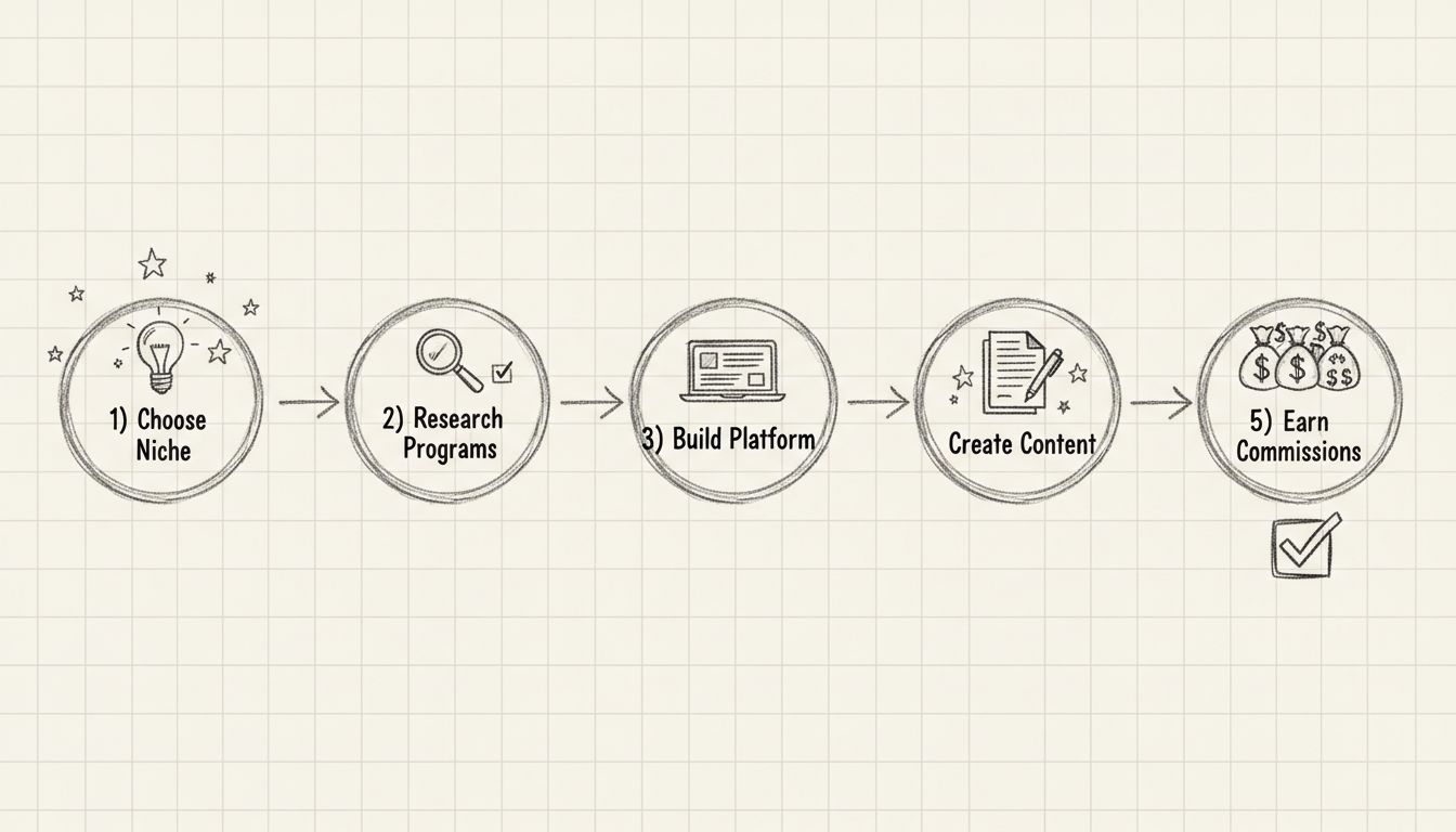 Schemat drogi początkującego partnera afiliacyjnego: 5 kroków – Wybierz niszę, Zbadaj programy, Zbuduj platformę, Stwórz treści, Zarabiaj prowizje