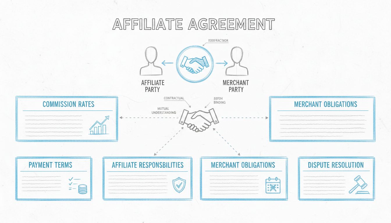 Ręcznie rysowany schemat kluczowych sekcji umowy partnerskiej, w tym stawek prowizji, warunków płatności, obowiązków partnera, obowiązków sprzedawcy, czasu trwania i rozwiązania umowy oraz rozstrzygania sporów