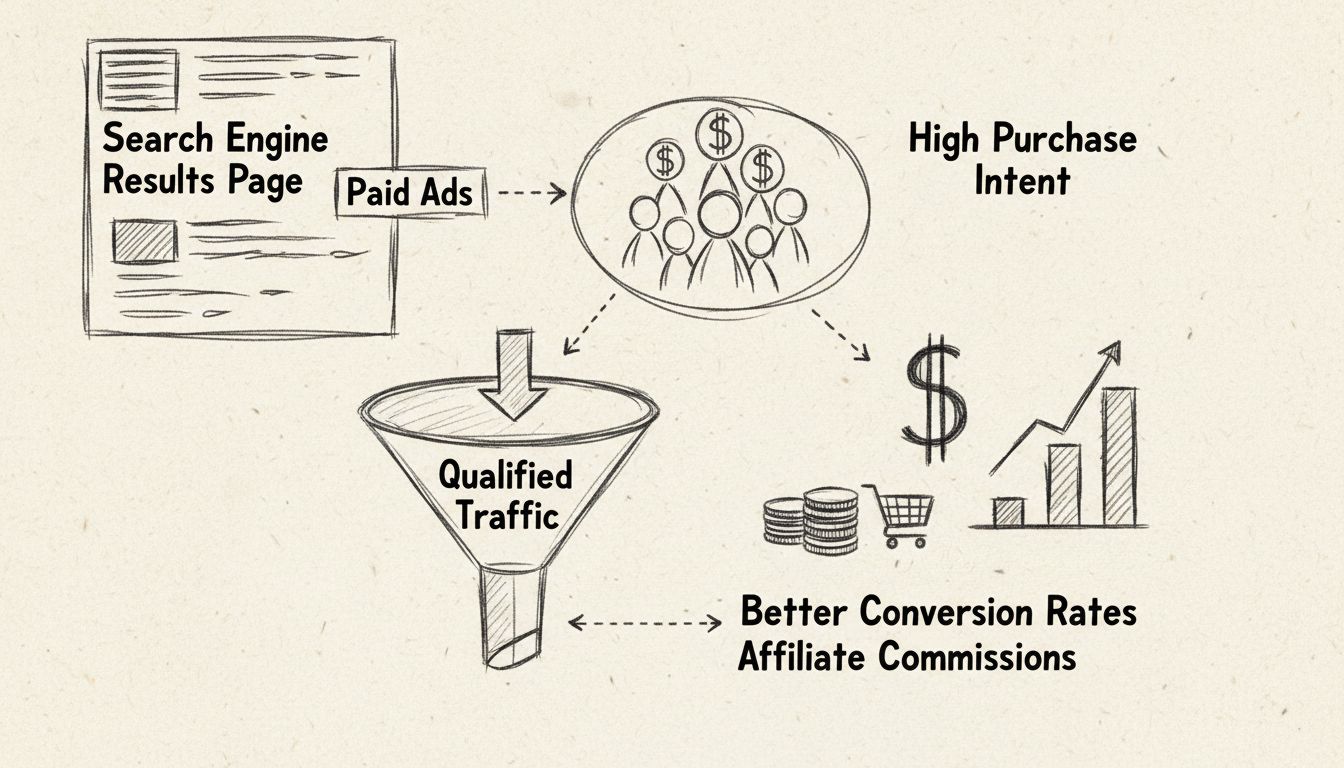 Ręcznie rysowany schemat pokazujący korzyści SEM dla marketerów afiliacyjnych: wyniki wyszukiwania, użytkownicy o wysokiej intencji zakupowej, lejek konwersji i prowizje afiliacyjne