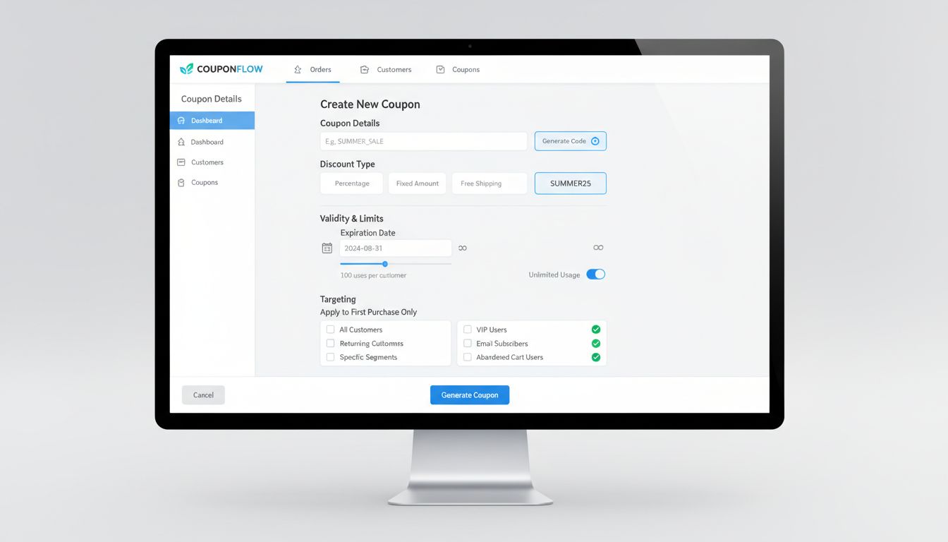 Panel do tworzenia kuponów Post Affiliate Pro z widocznymi opcjami personalizacji