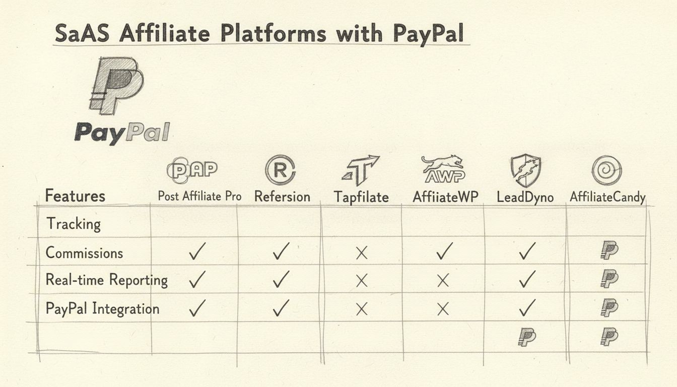 Diagram porównujący 6 platform partnerskich dla SaaS z integracją PayPal