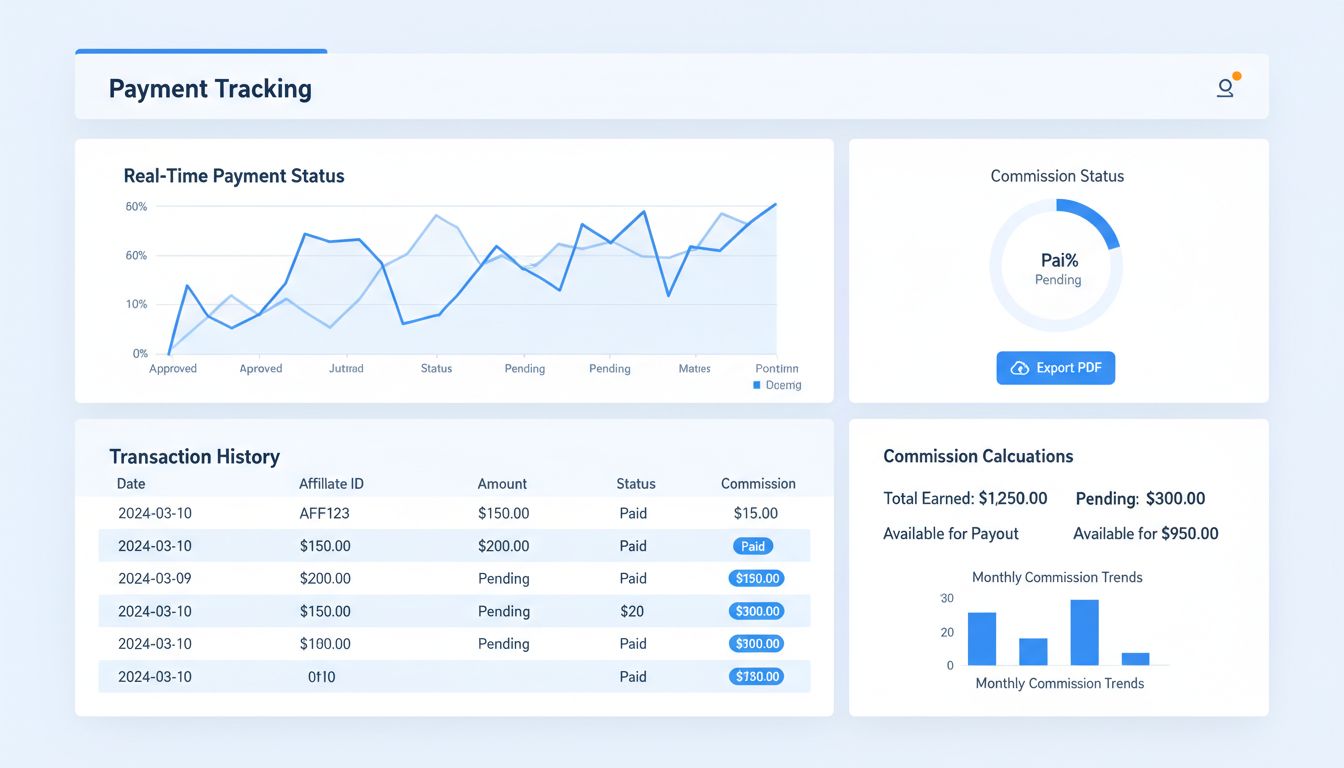 Panel śledzenia płatności w oprogramowaniu afiliacyjnym prezentujący status płatności na żywo, historię transakcji oraz funkcję eksportu do PDF