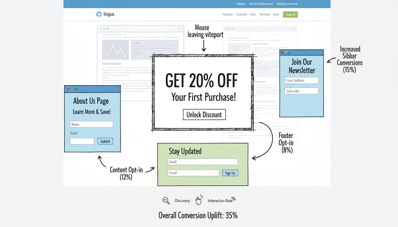 Strategia popupów i formularzy zapisu w marketingu afiliacyjnym: popup z intencją wyjścia, przyklejony formularz na pasku bocznym, przechwytywanie e-maili w stopce oraz formularz zapisu na stronie O nas z metrykami konwersji