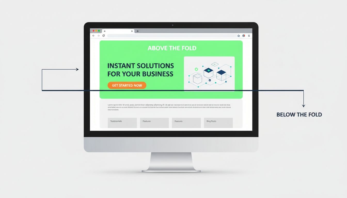 Schemat webdesignu above the fold – okno przeglądarki podzielone na sekcje widoczne i przewijane