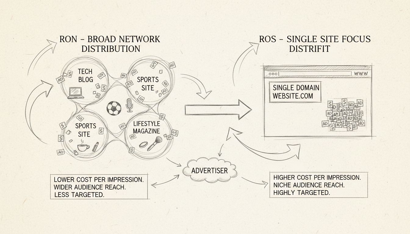 Ręcznie rysowany diagram porównujący strategie reklamowe Run of Network (RON) i Run of Site (ROS), pokazujący szeroką dystrybucję w sieci versus skupienie na jednej witrynie