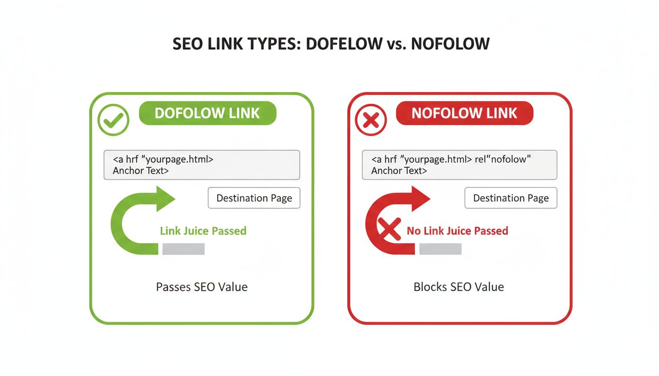 Techniczny diagram porównujący linki dofollow i nofollow, pokazujący przepływ link juice oraz przykłady kodu HTML