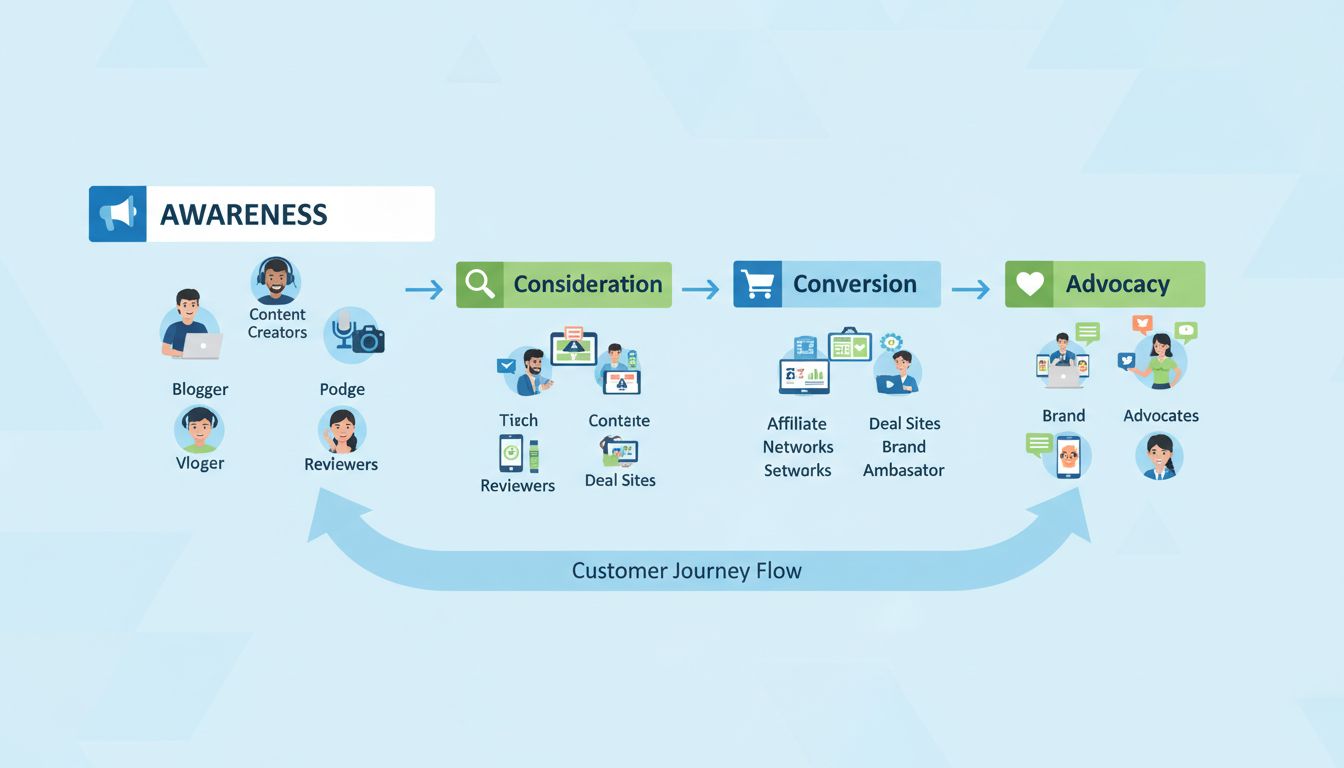 Etapy lejka afiliacyjnego: świadomość, rozważanie, konwersja i lojalność z różnymi typami afiliantów na każdym etapie