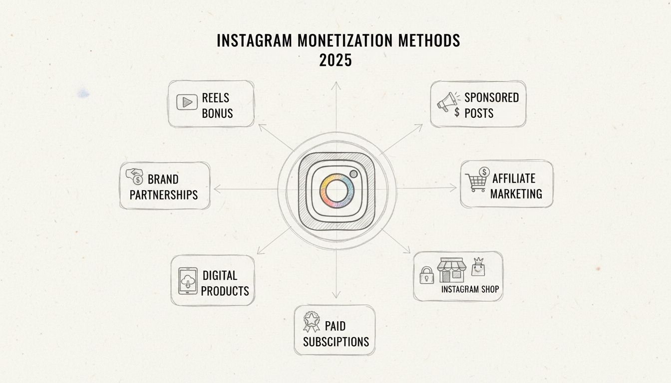 Diagram metod monetyzacji na Instagramie pokazujący 8 różnych źródeł dochodu połączonych z centralnym logo Instagrama