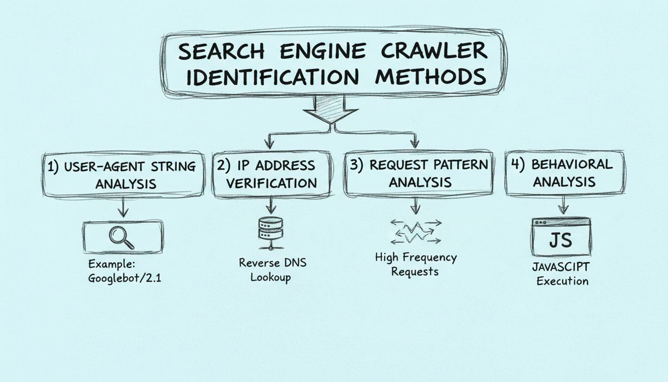 Od ręki rysowany diagram przedstawiający cztery metody rozpoznawania robotów wyszukiwarek: analiza ciągu User-Agent, weryfikacja adresu IP, analiza wzorców żądań i analiza zachowań