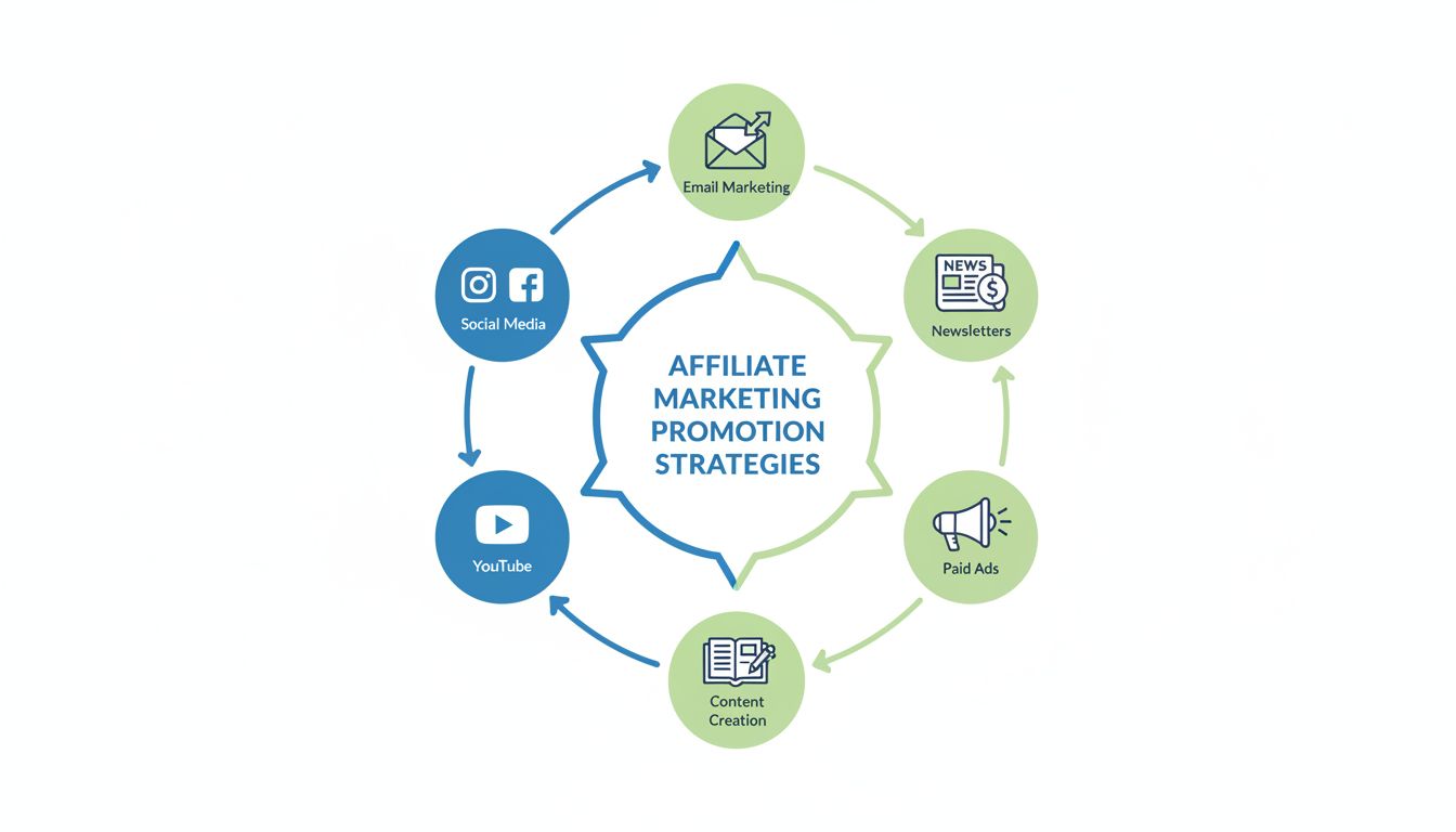 Kanały promocji afiliacyjnej, takie jak media społecznościowe, email marketing, tworzenie treści, YouTube, płatne reklamy i newslettery