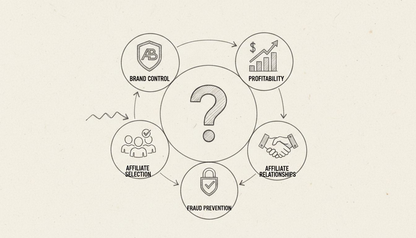 Infografika przedstawiająca pięć głównych wyzwań programów partnerskich: Kontrola Marki, Wybór Partnerów, Rentowność, Relacje z Partnerami i Zapobieganie Oszustwom