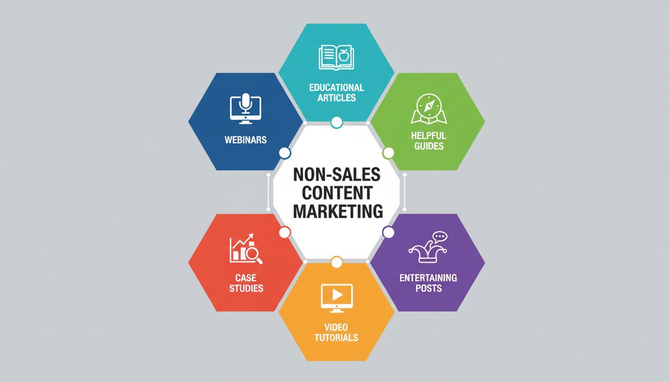 Infographic showing different types of non-salesy content marketing including educational articles, helpful guides, customer stories, entertaining posts, video tutorials, case studies, and webinars