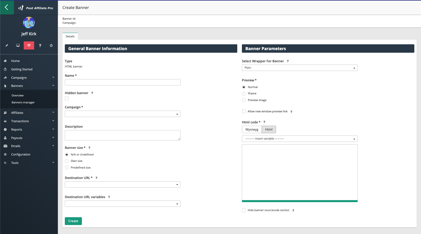 Post Affiliate Pro - Strona tworzenia banera