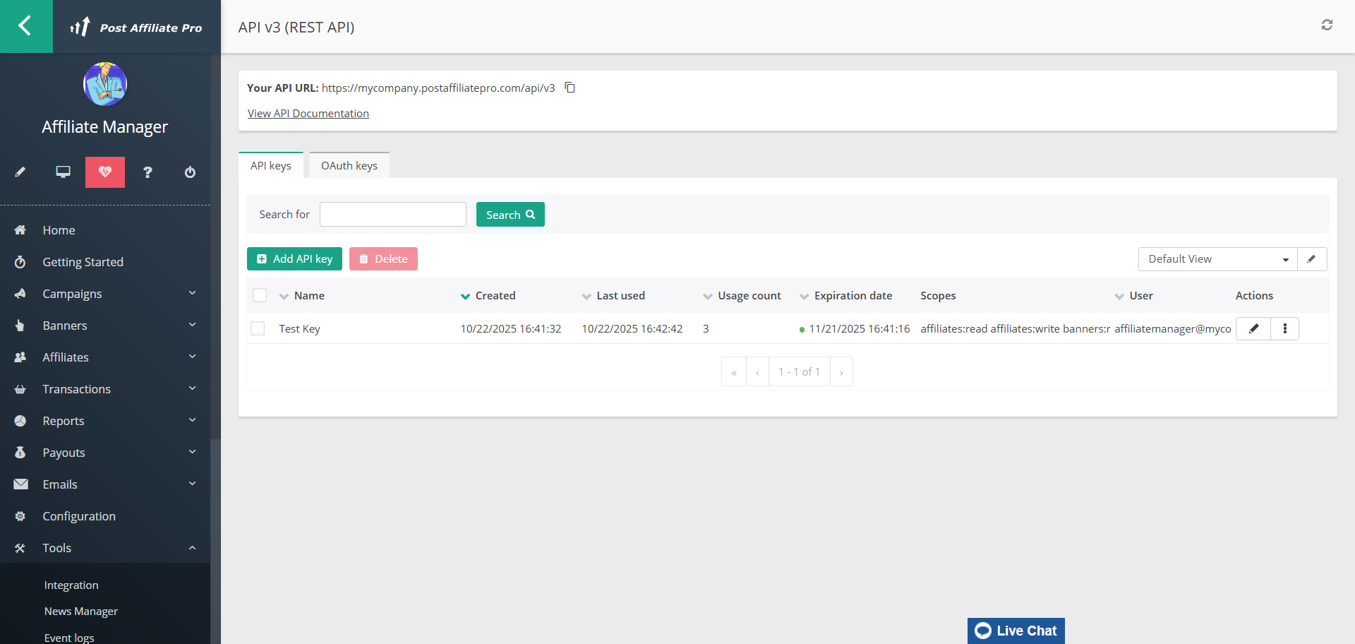 Ekran API v3 (REST API) Post Affiliate Pro do generowania klucza API