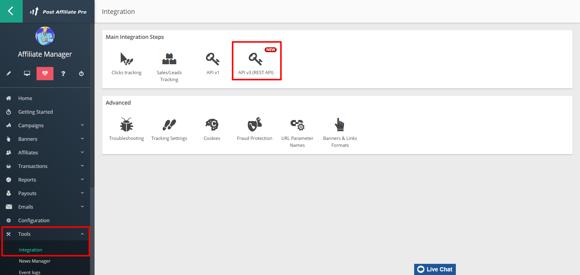 Panel merchant Post Affiliate Pro — menu Configuration > Tools > Integration