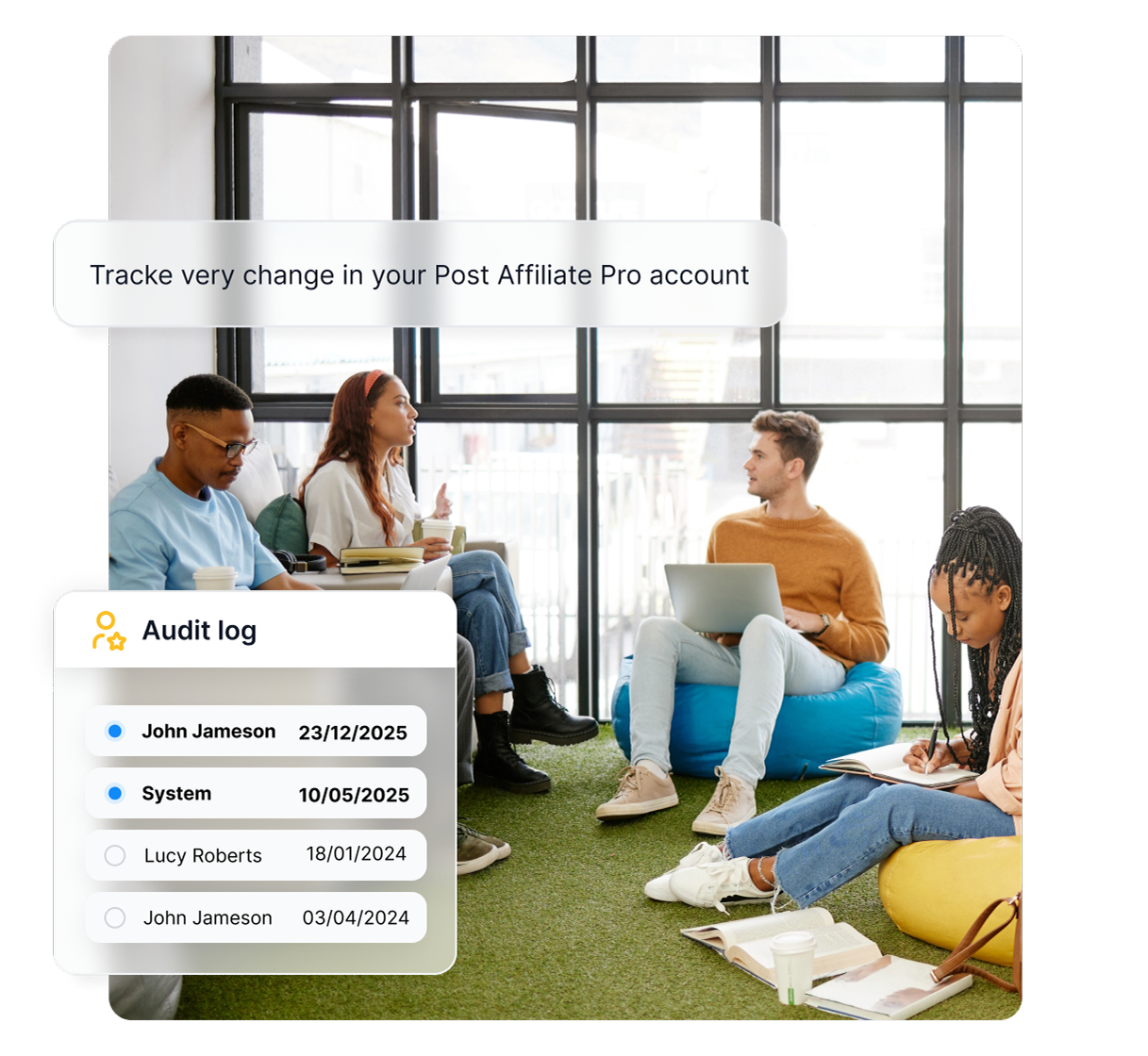 Funkcja dziennika audytu w Post Affiliate Pro prezentująca szczegółowe śledzenie działań partnerów i transakcji.