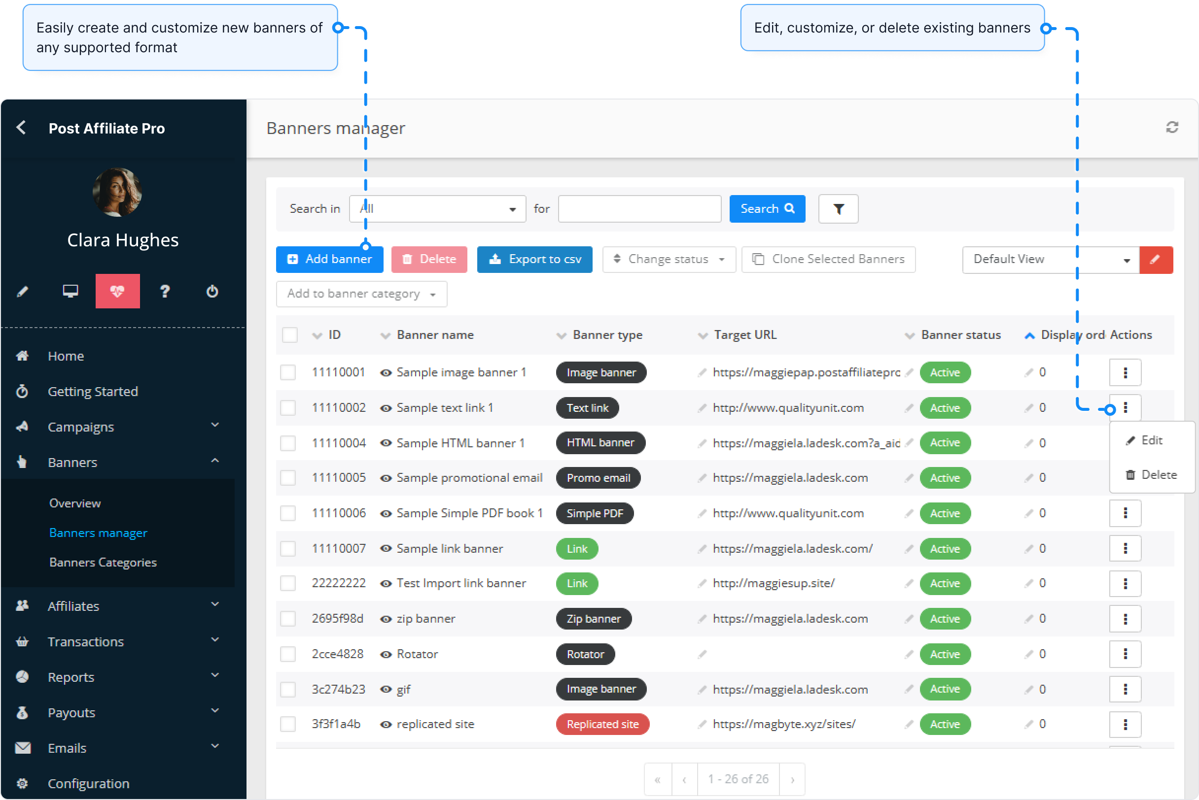 Przegląd funkcji menedżera banerów w Post Affiliate Pro.
