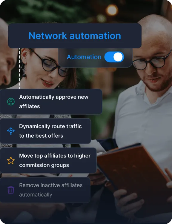 Nakładka technologii i platform oprogramowania pokazująca przełączniki automatyzacji zadań marketingowych, bonusów i raportów partnerskich.