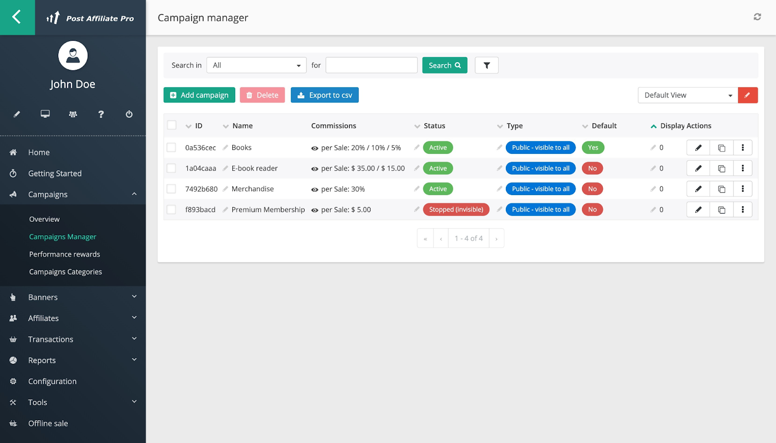Post Affiliate Pro umożliwia łatwe śledzenie i zarządzanie kampaniami dzięki funkcji Campaign manager