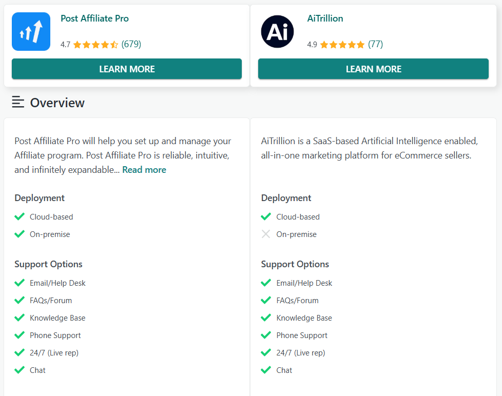 Porównanie funkcji Post Affiliate Pro i AiTrillion na GetApp
