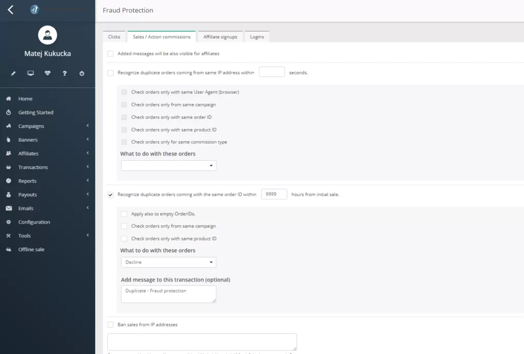 Zrzut ekranu z panelu ochrony przed oszustwami sprzedażowymi w Post Affiliate Pro.