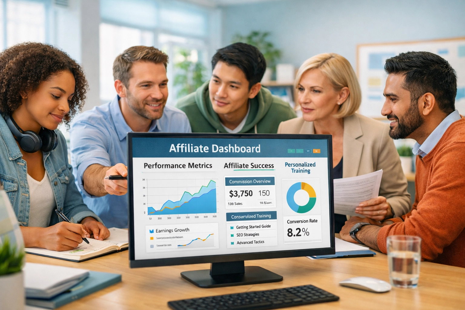 Diverse team collaborating around modern affiliate dashboard interface