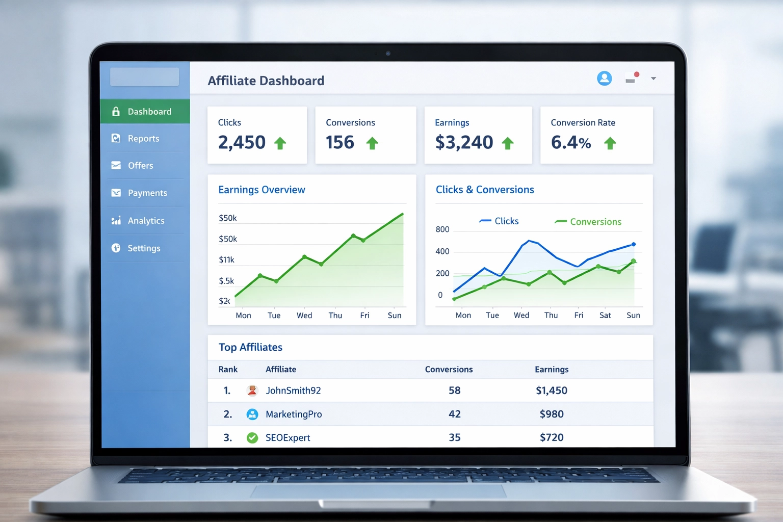 Modern affiliate dashboard interface with real-time performance metrics