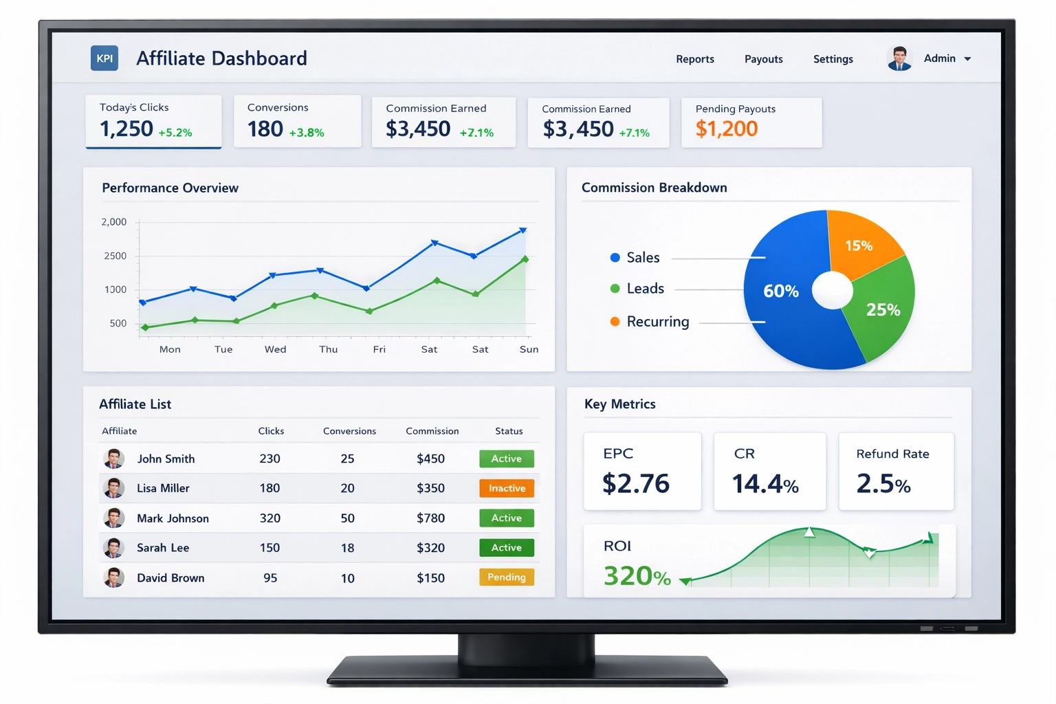 Affiliate software dashboard with metrics and analytics